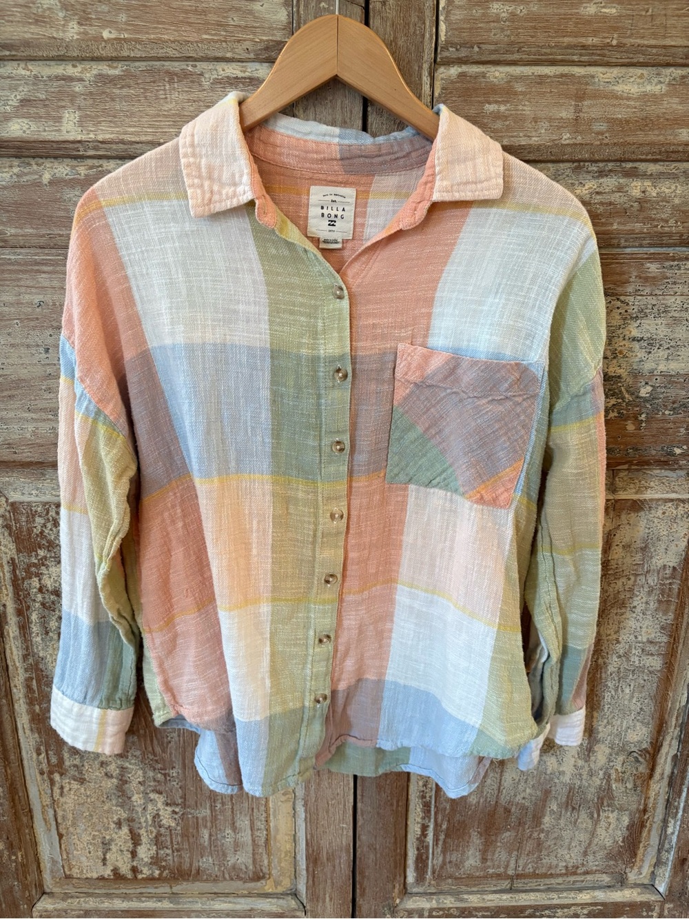 Billabong Pastel Plaid Button-Down Shirt - Peach, Mint, Blue